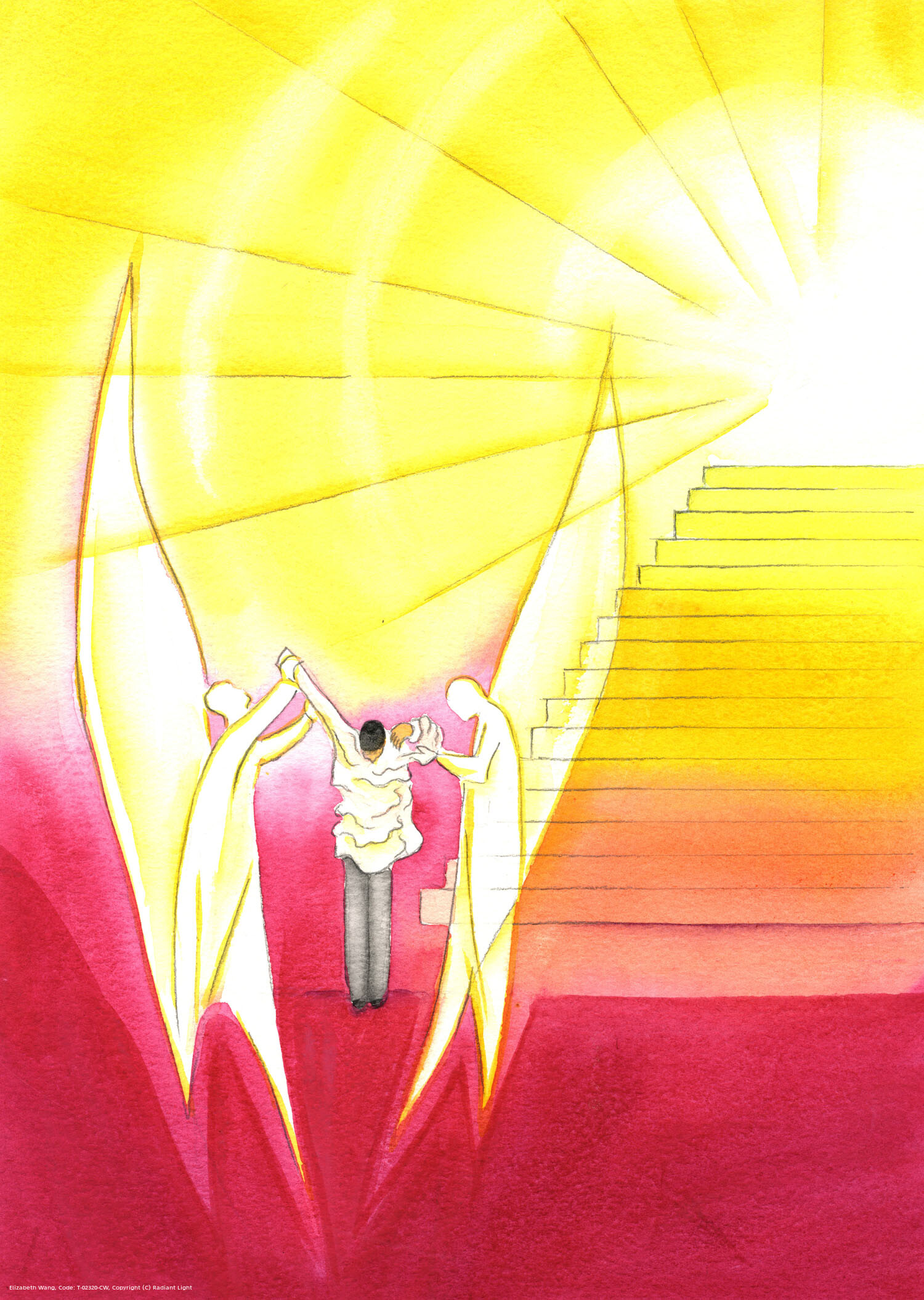 At the end of his life a faithful priest is helped by the Angels to put on a gleaming alb so he can ascend the stairway to the Father's throne