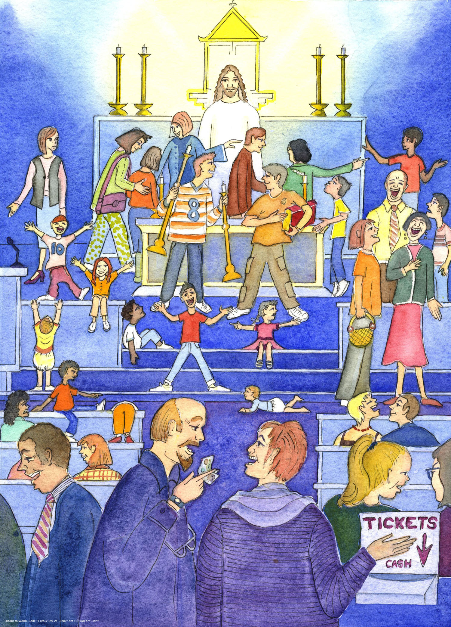 From the tabernacle, Christ looks on in sadness, as He sees His holy 'house of prayer' treated as a market-place.