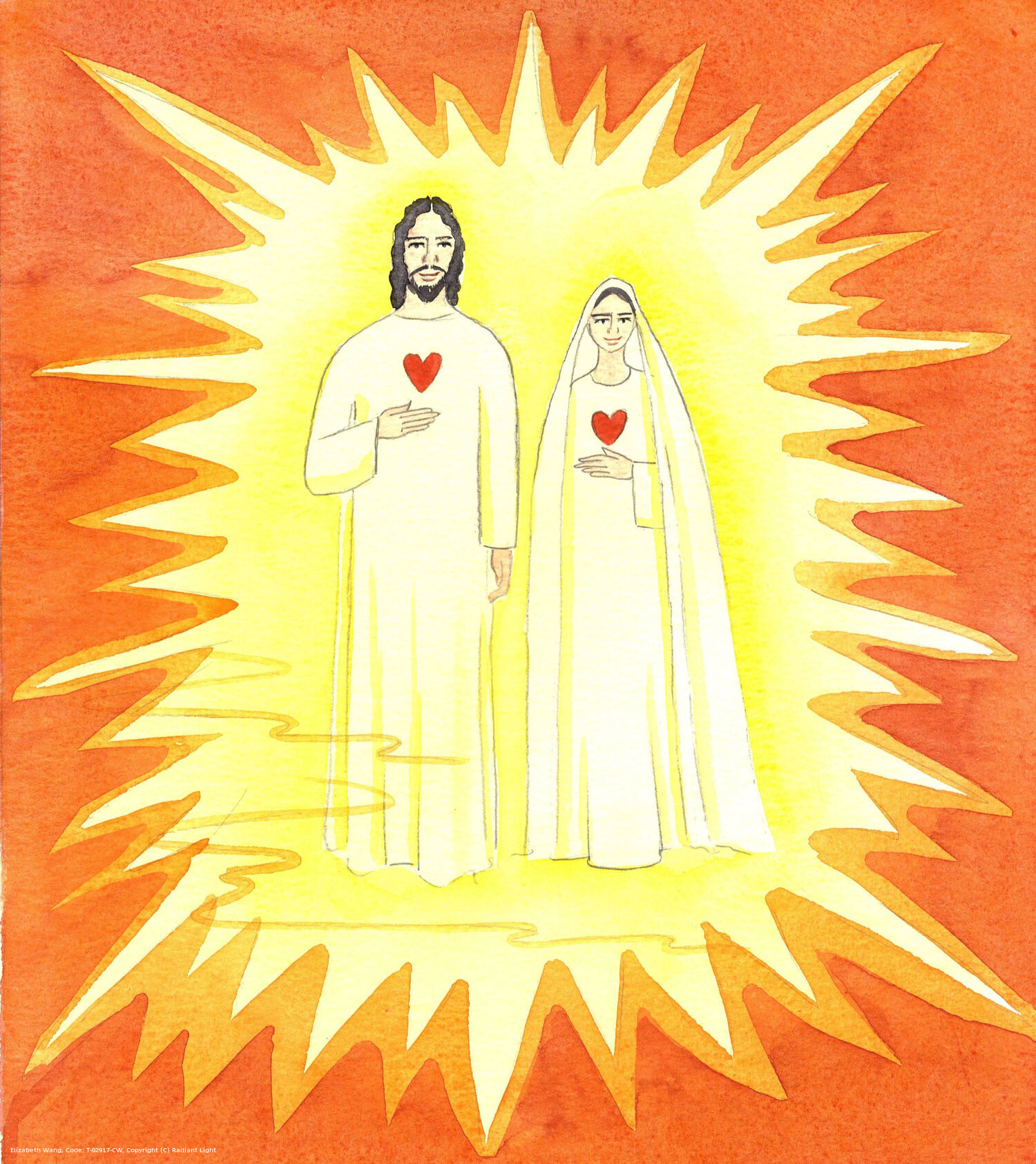 The Two Holy Hearts: I was shown the sinless Christ, and His Immaculate Mother, in the Radiant Light of Heaven. Each of them carried the symbol of a heart on the breast of each one's robe, just as I have pictured them.
