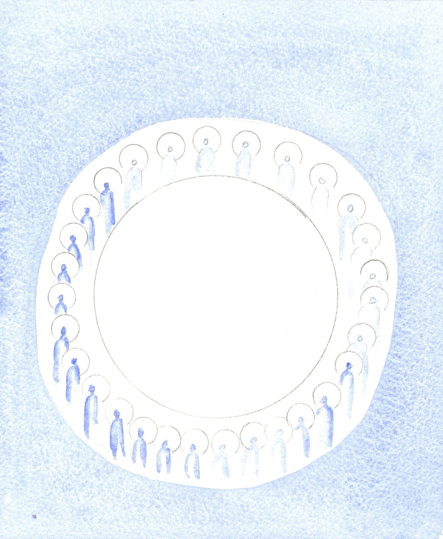 The Three Divine Persons are united and active in the unity of the Godhead, as if circling in unceasing communion. In a circle around them the many Saints are also circling, living in the Godhead, in the light and bliss of Divine Love.