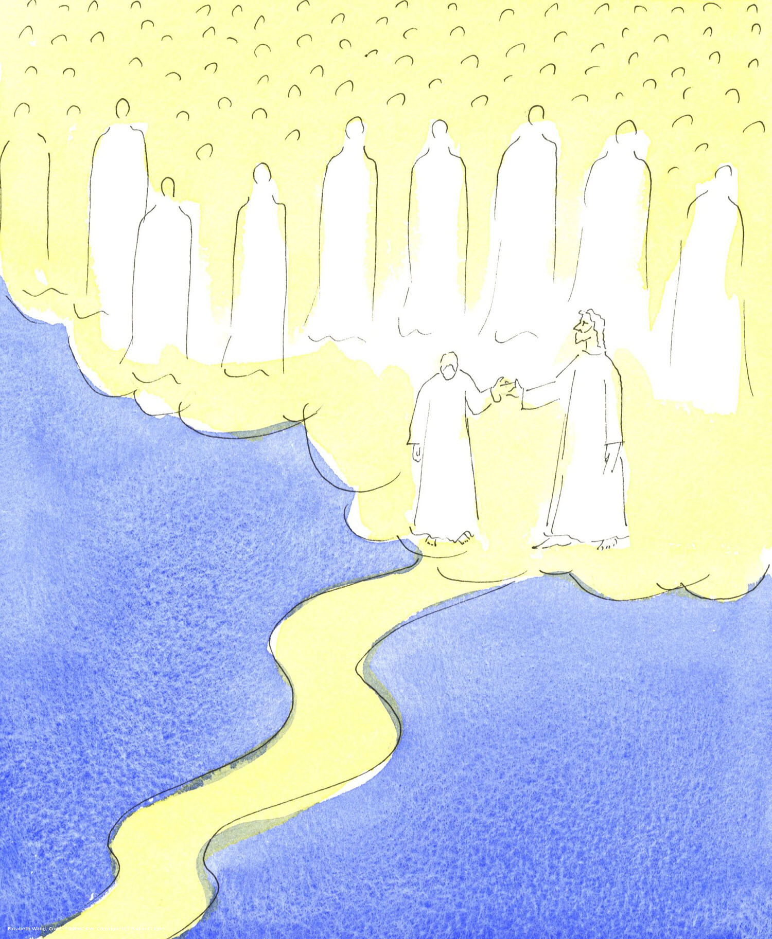The blessed soul who has persevered to the end, in love of Christ and her neighbour, is led by the hand by Christ, to meet the Heavenly friends who are gathered to welcome her into their company. Like them, she now wears a 'wedding garment': a white robe.