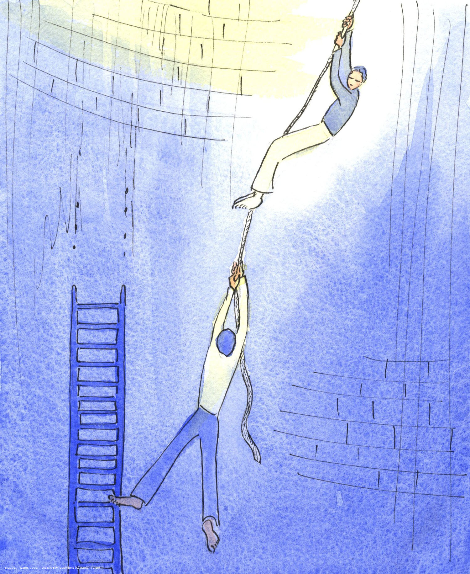 When someone perseveres in intercession for a person in danger, it's as if someone allows herself to be suspended on a rope and lowered into a mineshaft, to rescue someone trapped on a broken ladder with no way up and only danger below. The 'rescuer' has to be supported from above; but she can invite the endangered person to hold on, and to be brought up high, to light and safety.
