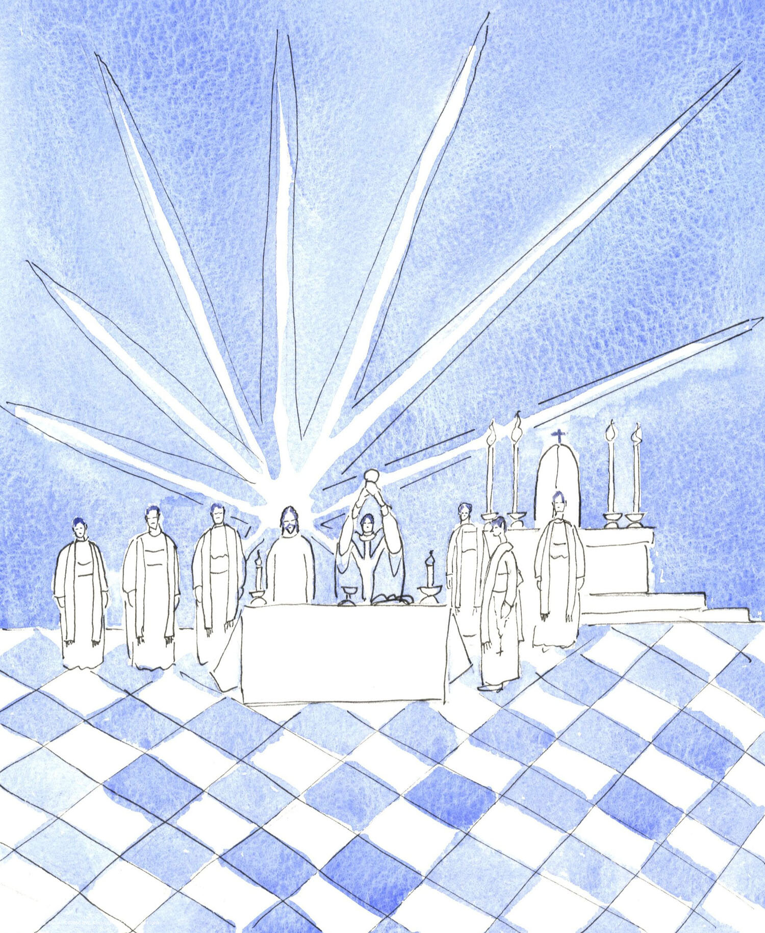 At the Consecration at Mass, at Blackfriars in Oxford, I saw Christ standing behind the altar, with the Dominican priests who were concelebrating. His glory shone all around, as I praised Him for His Real Presence and His love.