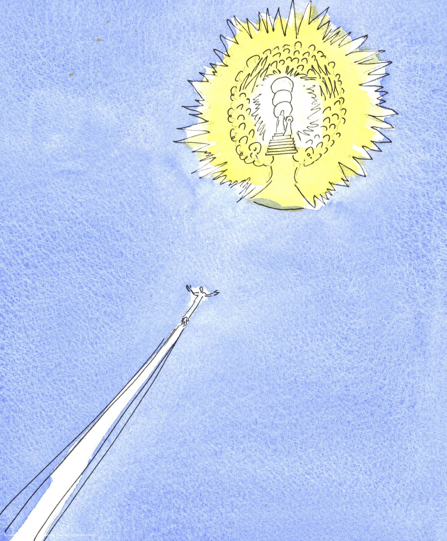 A soul released from Purgatory soars like a rocket towards the distant 'sun', which is the radiance of Heaven. Each new saint approaches God in perfect humility.