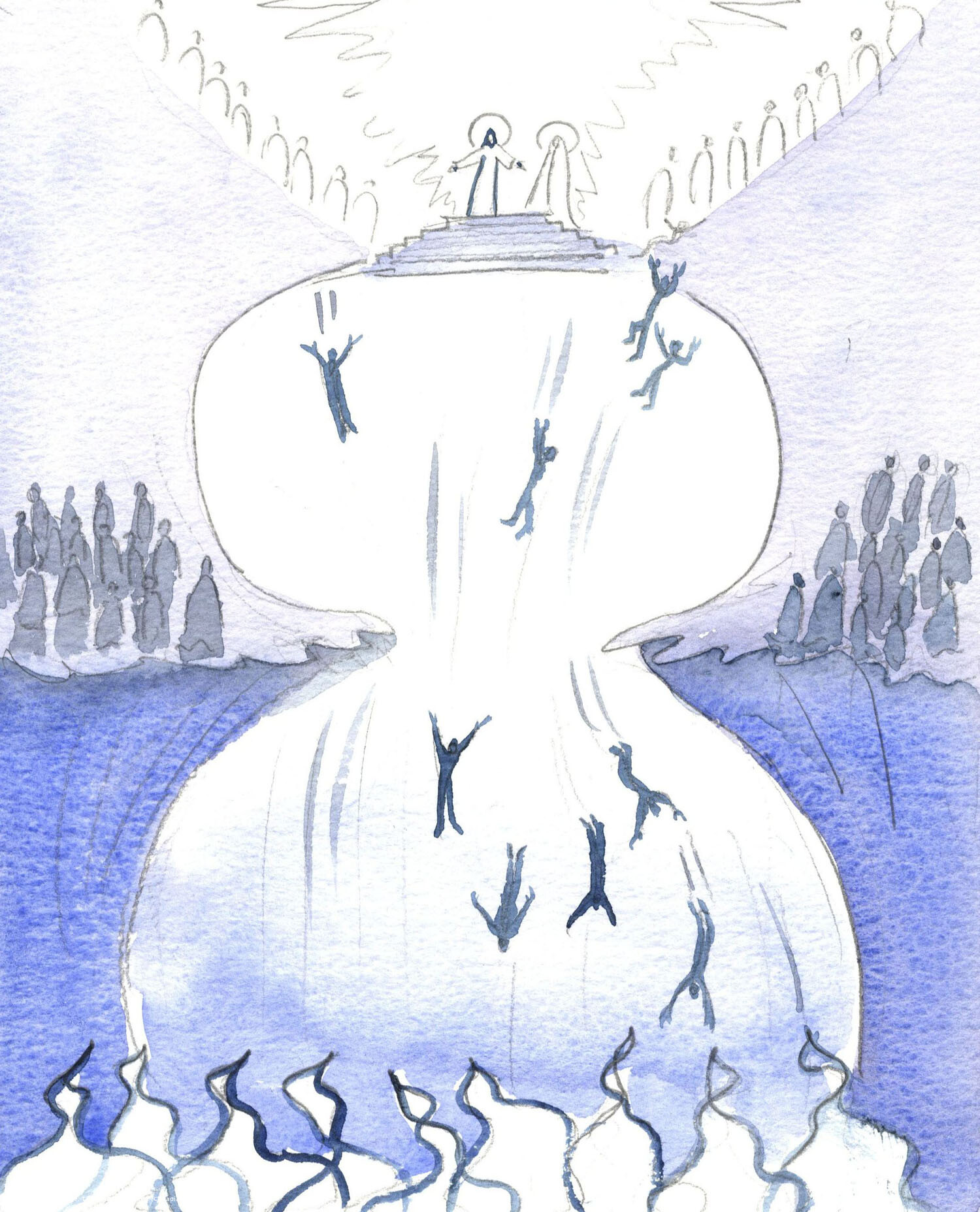 Christ showed me the hundreds of little figures in the great panorama spread before me. Many people were flying about, on leaving earthly life, some rising up to Heaven in amazement and joy, others falling with horrified faces into the darkness of Hell.