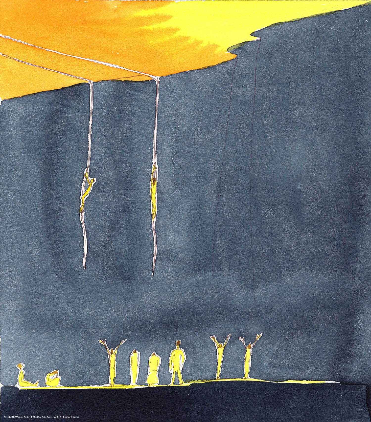 The cliff-face represents the apparent separation from God which is experienced by those who are being purified in Purgatory to prepare them for the perfection of Heaven. They are helped by our prayers, as surely as people at the foot of a cliff are helped by those who send down ropes, to pull up the helpless people.