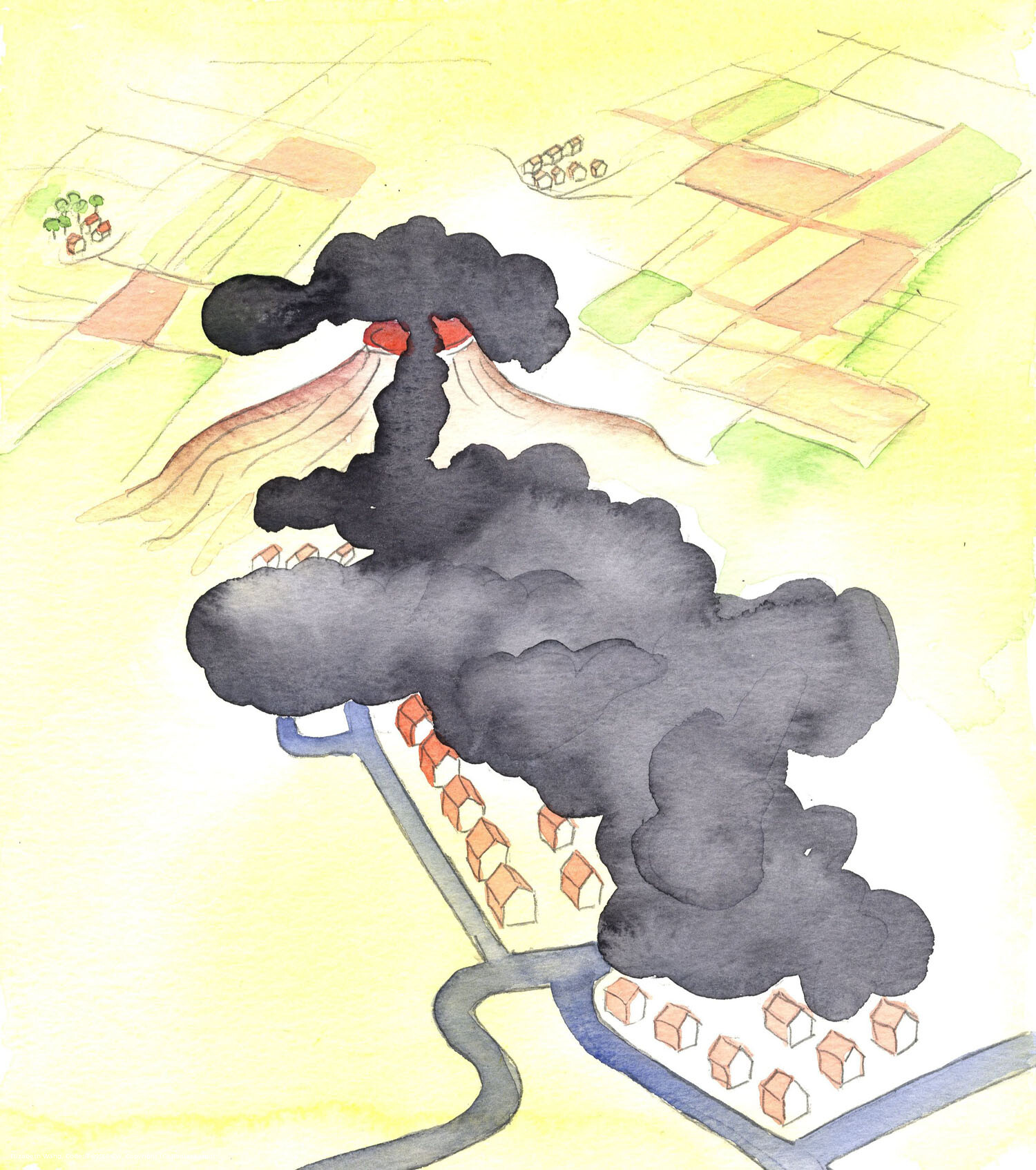 It is as if there is a volcano on earth, from the mouth of which erupts - as if from the mouth of Hell - a thick blanket of smoke, of sin and corruption. It covers most of the town, obscuring the view, keeping people trapped in sin. Further away, there are quiet villages of good people who nevertheless are ignorant of how to reach God.
