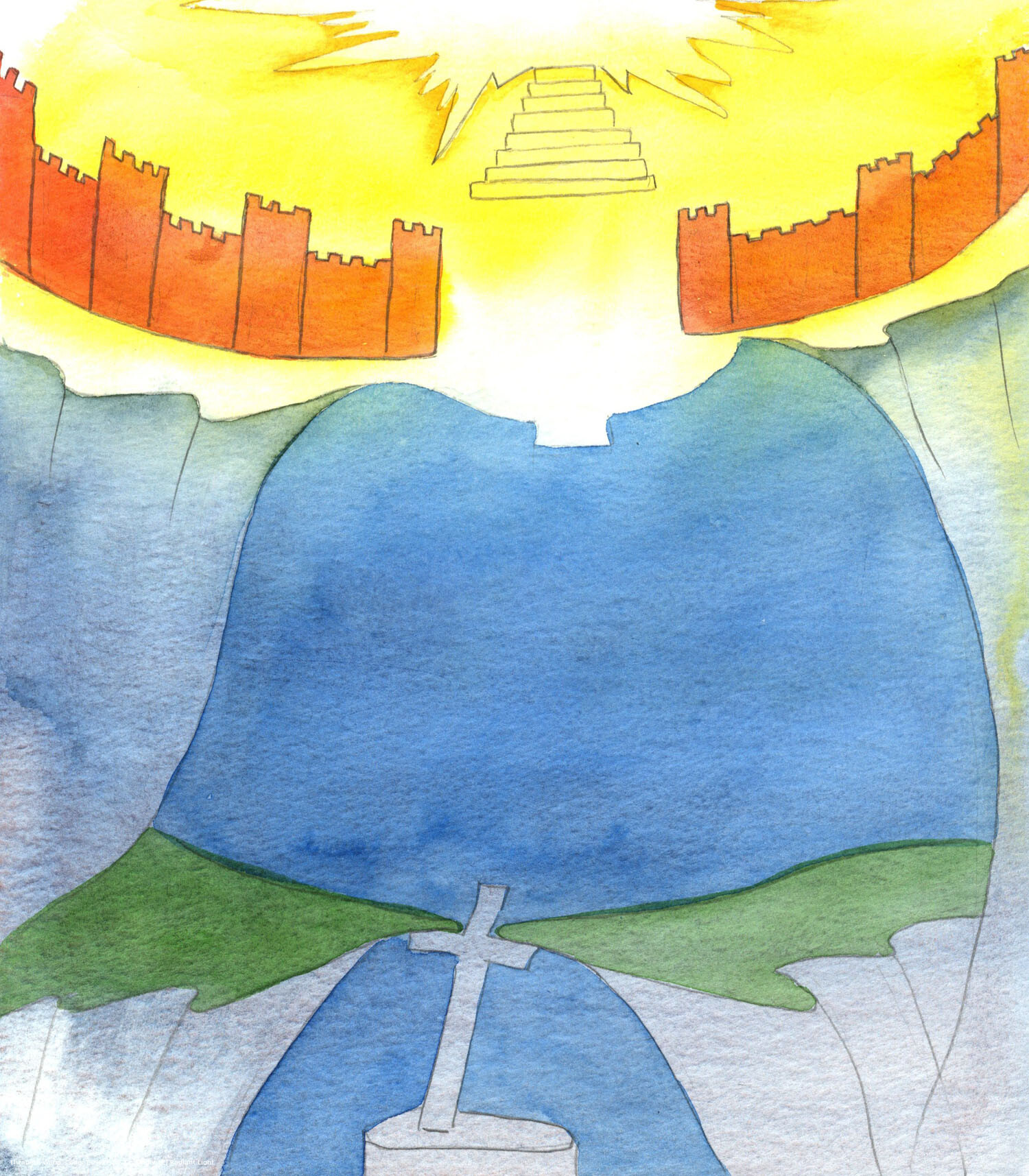 The Lord showed me a castle wall, crenellted, which encircled the front of Heaven, as I might portray it, in my 'Last Judgement' picture. He showed me the significance of this: 'THERE IS ONLY ONE WAY IN': His way, Jesus Christ's Way.