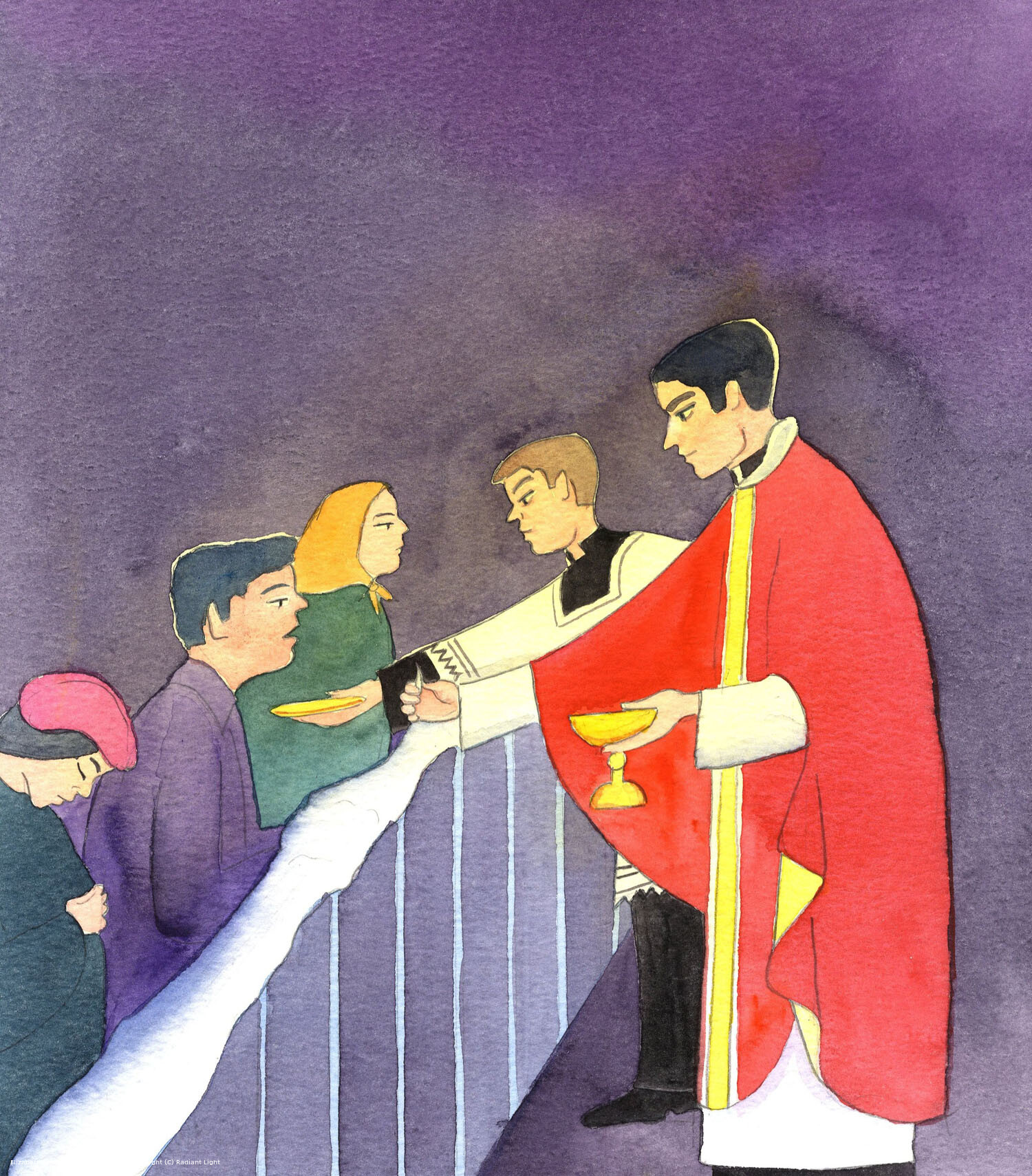The Lord showed me how pleased He is when people reduce the risk of dropping, dirtying or desecrating the Sacred Host by these measures: kneeling to receive Holy Communion, on the tongue, at an altar-rail, with hands folded beneath a clean cloth, and a server holding the patten beneath each chin, as the priest moves along.