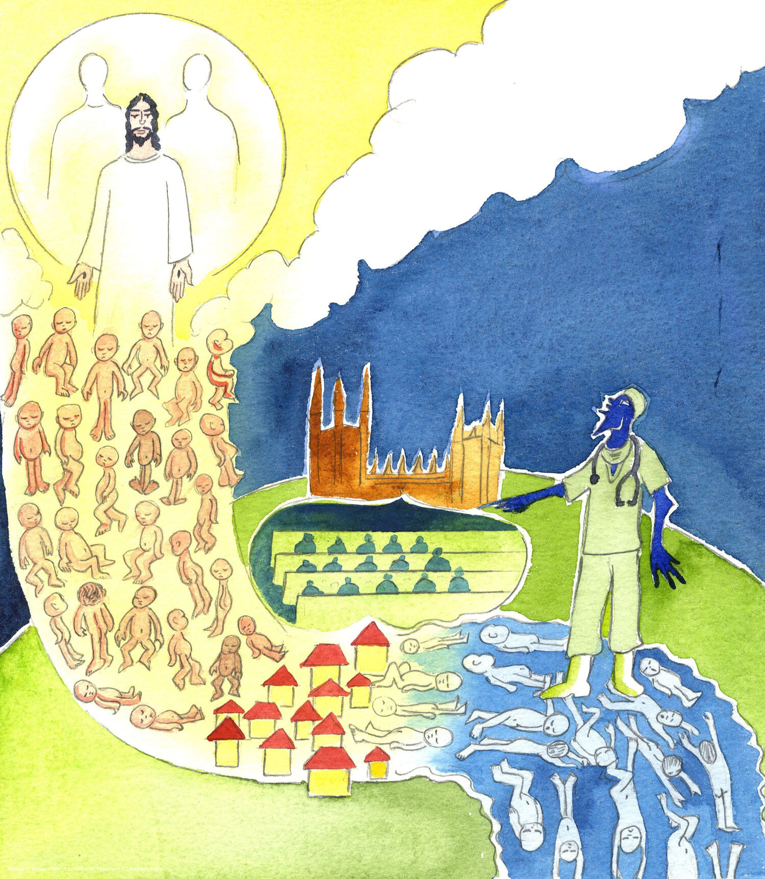Christ sends down new life from Heaven: the living souls of babies, which are sometimes then rejected by their own mothers, and killed in the womb by Doctors who agree with this practice. Satan boasts, as he points towards parliament, that many of it's members are as guilty as those who do abortions, since legislators voted for it to be made legal.