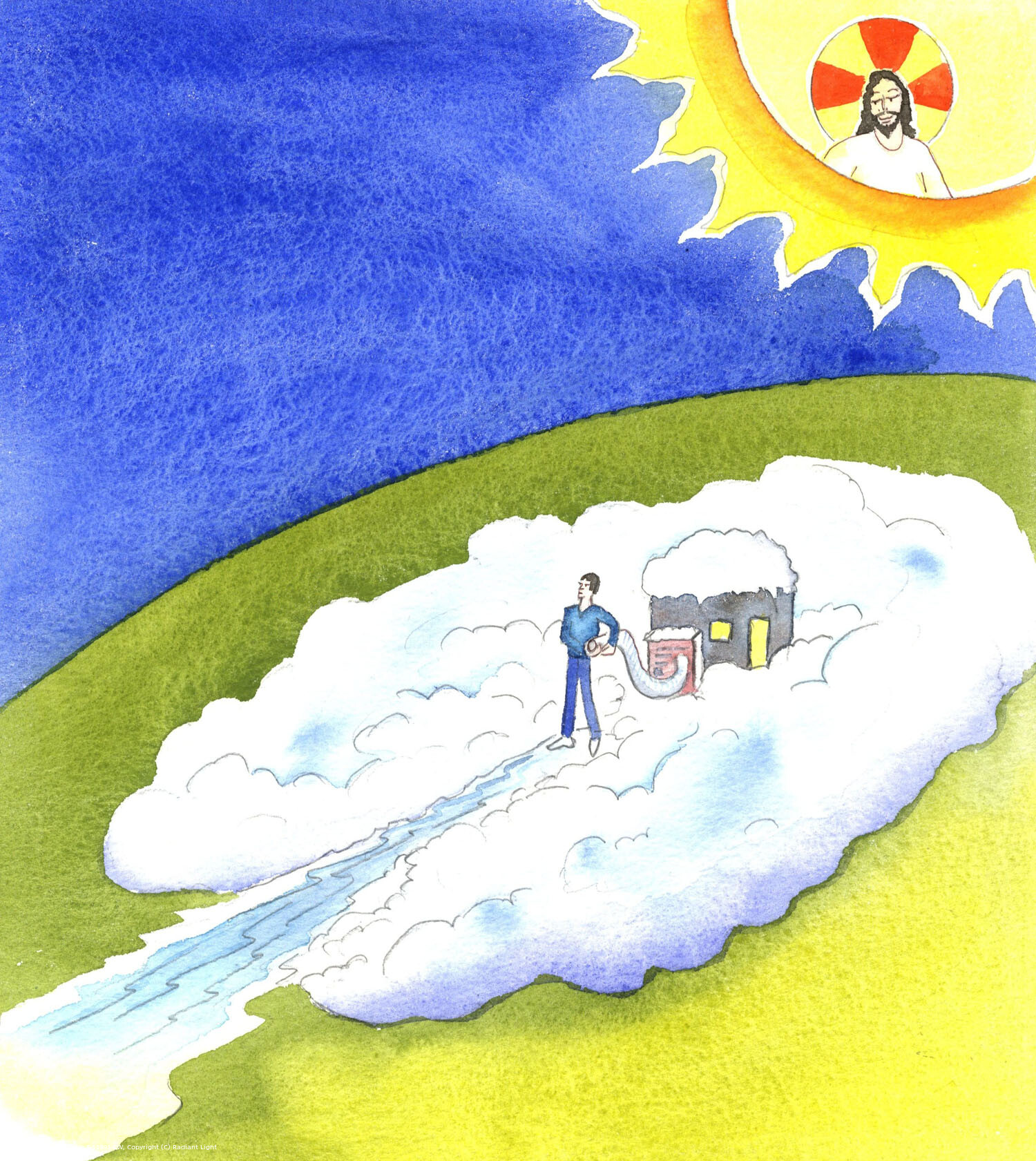 A person who feels trapped in bad habits and misery is like a man in a dark hut in the middle of a snow-field; but if he uses a generator to blast hot air at the snow he can make a pathway to a warm area - just as people who use the sacraments, and prayer, can make dramatic changes, by God's grace, to their sad, guilty lives.
