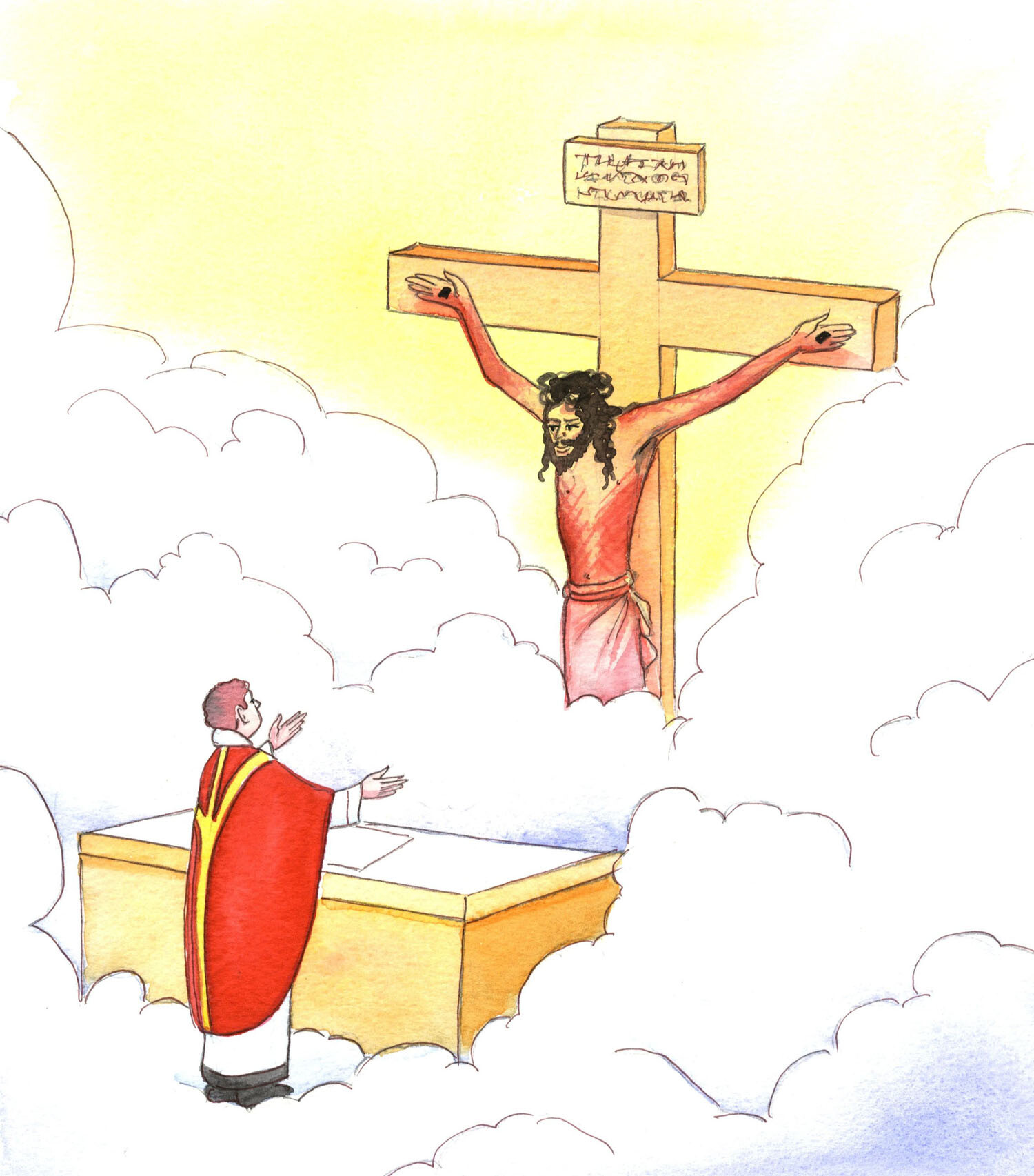 Christ invites each priest to renew his trust in Him. Even when a priest approaches the altar with heavy footsteps and a leaden heart, and feels so lacking in love or fervour that it's as if he is offering the Holy Sacrifice in a frozen waste, surrounded by snow drifts and icy winds, Christ never fails to come to the altar at the Consecration, as if leaning down from the Cross to say to the priest: Yes, I am here! I love you. You are doing My work, offering My Sacrifice. Persevere, and you will become joyful.
