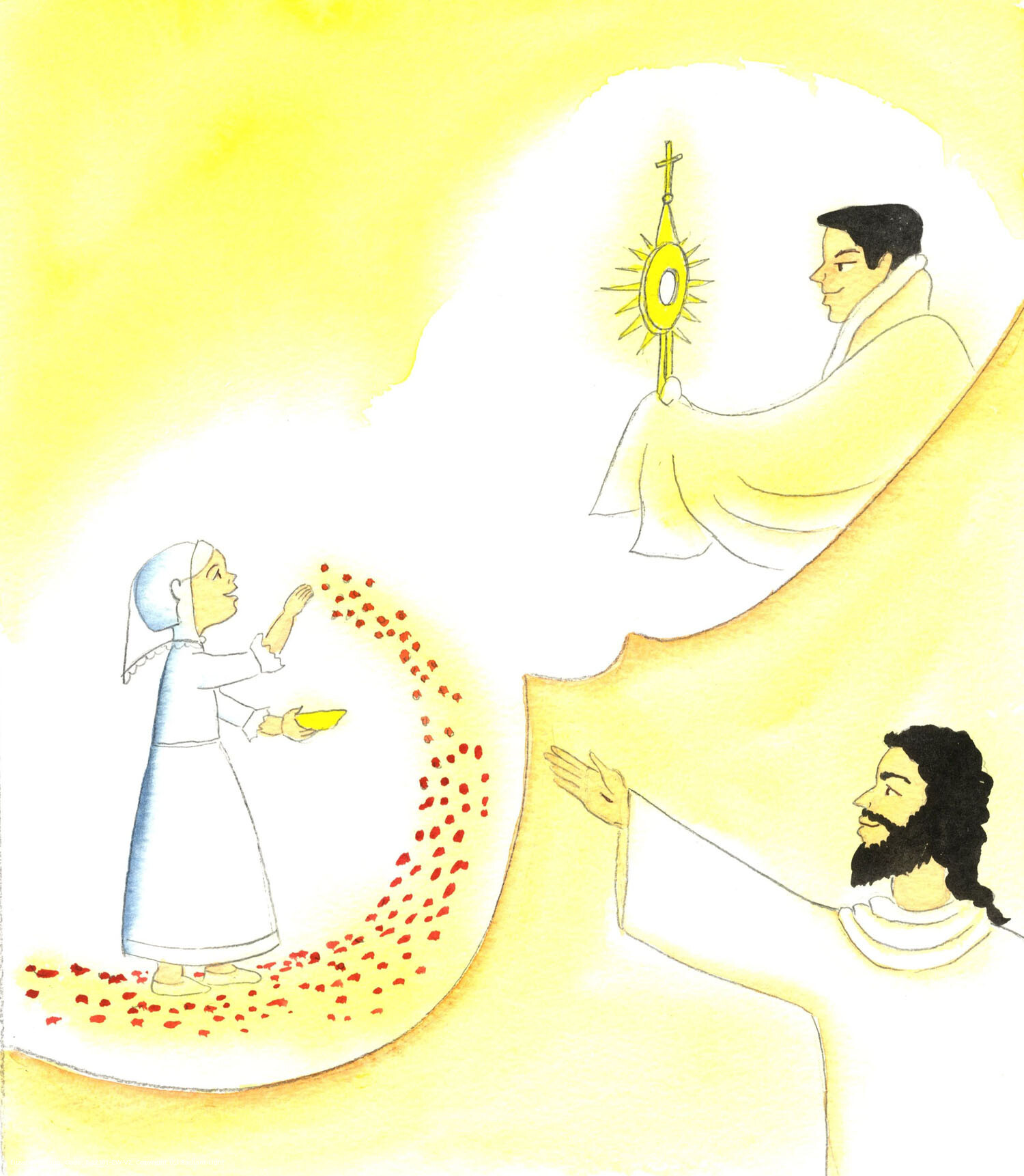 Christ sees every tiny act of charity that we do for love of Him. He sees each one as being like a personal gift to Him - or like a rose-petal thrown by a child in His honour, where He is Present in the Most Blessed Sacrament, as the Sacred Host in carried along in a monstrance, by a priest, for the faithful to venerate and adore.