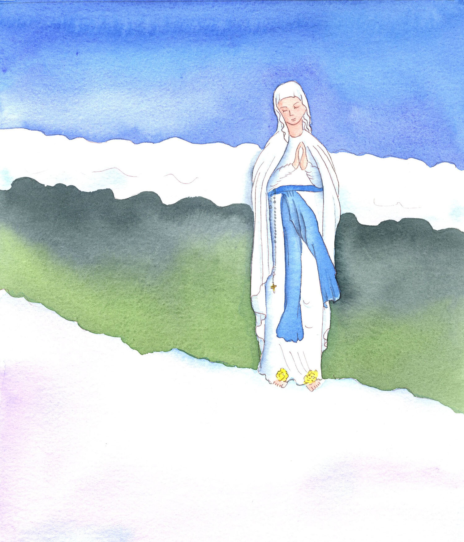 Our Blessed Lady, standing in a snowy landscape, represents a perfect, sinless woman in a world populated by selfish, hard-hearted sinners. She was the perfect receptacle for the Son of God, descended from Heaven to save us. She never ceases to hold in her Immaculate heart the needs of all 'children of God', hence her numerous visits to this world throughout the centuries.