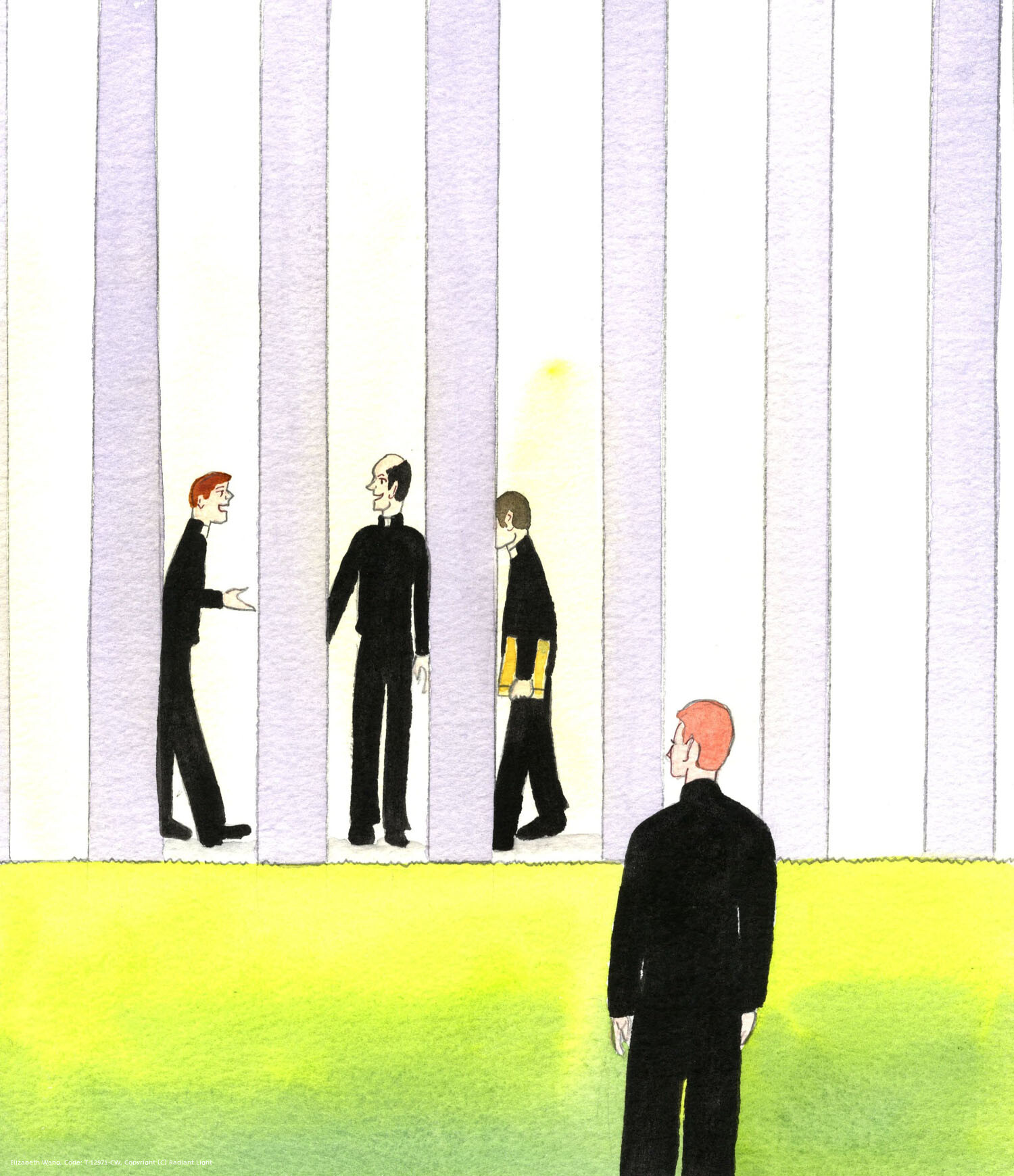 As if looking through a colonnade at busy people, a person in the Church who has begun to doubt his vocation feels as if he is isolated, in a dimly-lit place: an outsider, looking inwards, and afraid of greater commitment. Prayer is essential, by him, and for him, if he is to look on his state through the eyes of Christ.