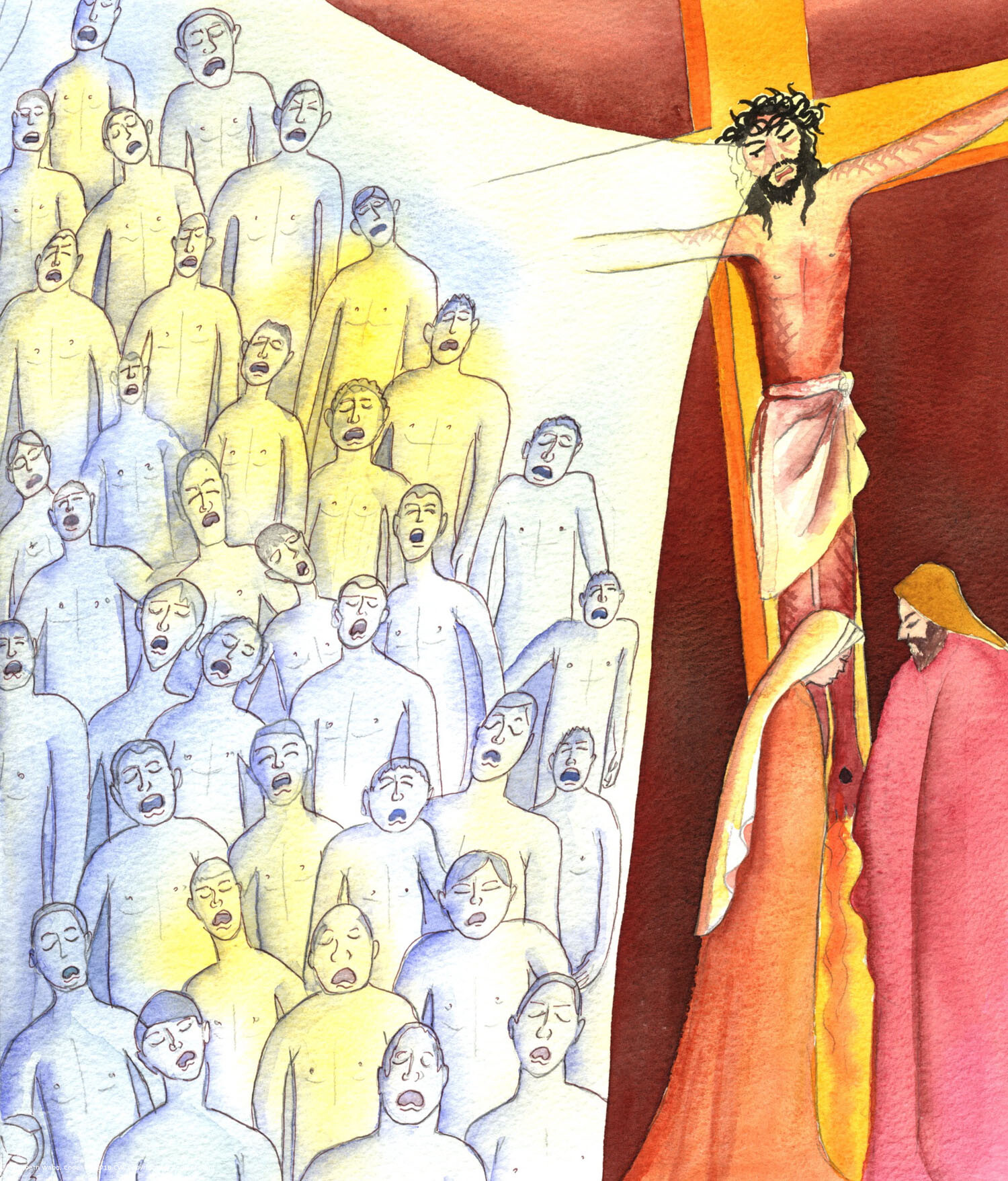 Christ saw dreadful sights as He suffered on the Cross. He saw the aborted babies whose lives would be cruelly ended; but even worse for Him was the sight of many 'dead' souls: diseased souls in mortal sin, souls now made foul and repulsive through their own thoughts and actions; so Christ's torment was spiritual and mental, as well as physical, in His Passion.