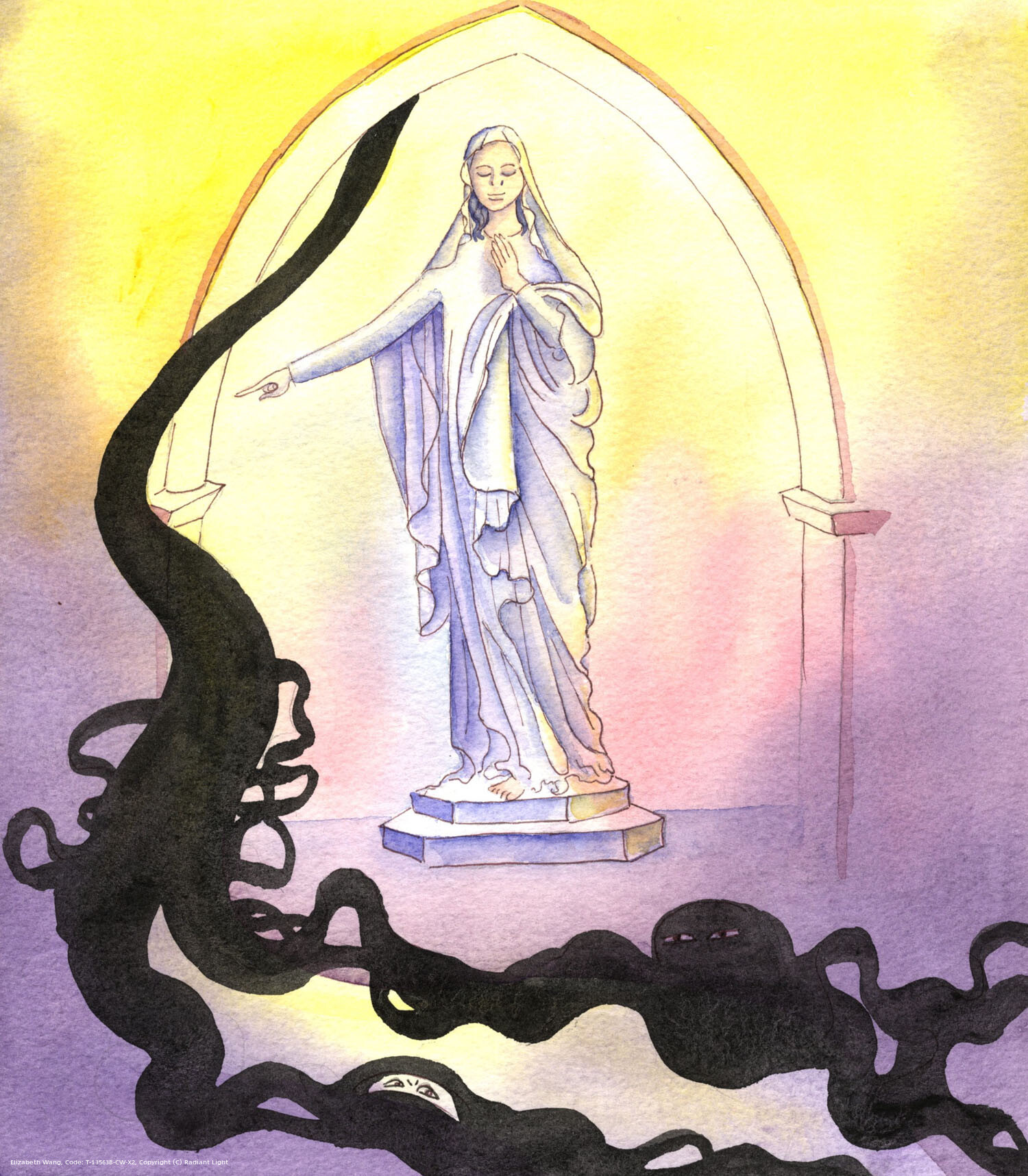 When we feel nearly overcome by the troubles of the world, or temptations from Satan, we can turn to Our Lady, Who loves to help us by her prayers. It's as if she raises her hand to God, who sends down grace that causes a pathway to appear amidst the tangle of coils in which we feel trapped. With such help we can be freed from anxiety and helped to endure our pains.